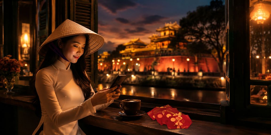 Người dùng Huế nhận phong bao đỏ thưởng từ xl7 bên chiếc nón lá truyền thống